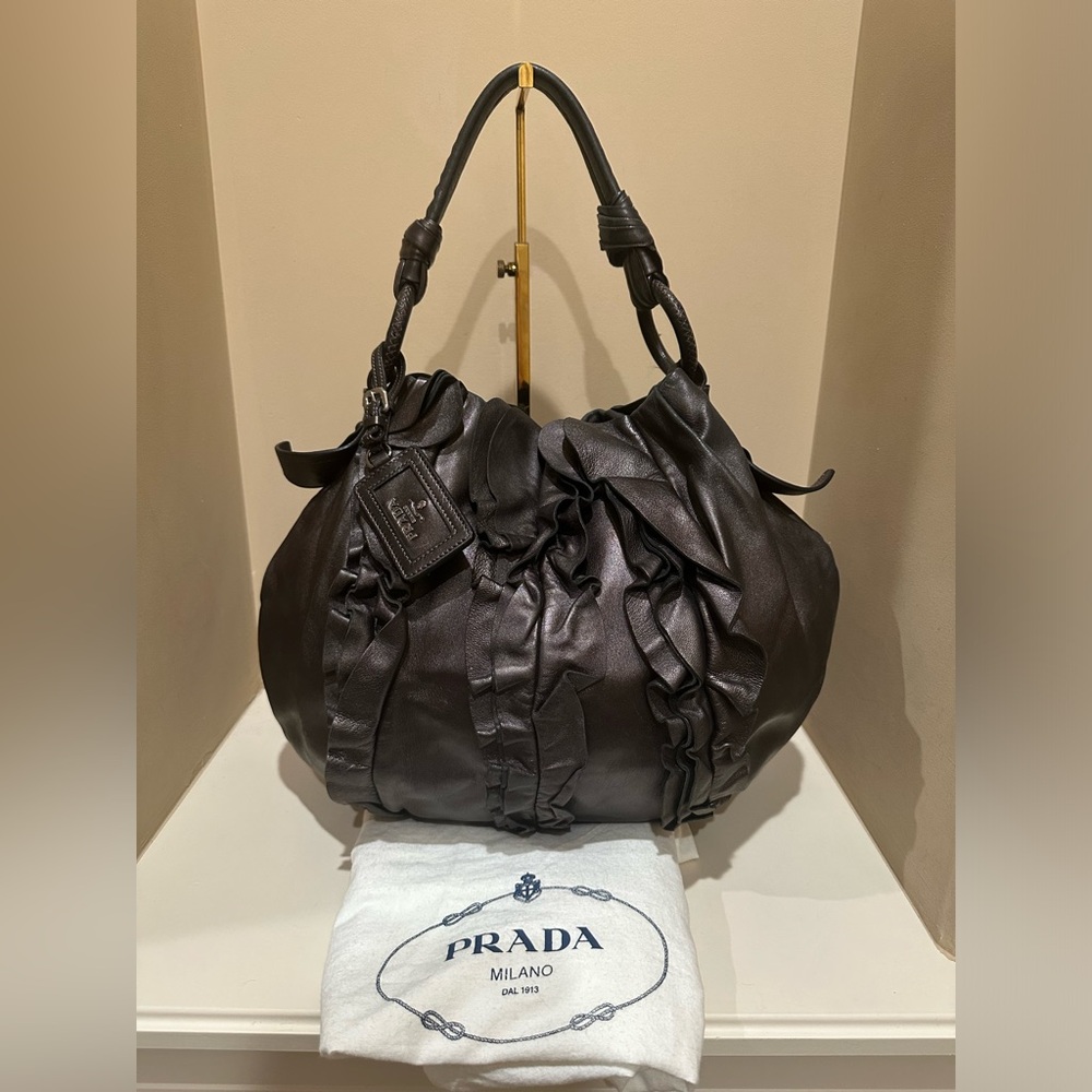 PRADA Nappa Mordore Leather Brown Ruffle Bag